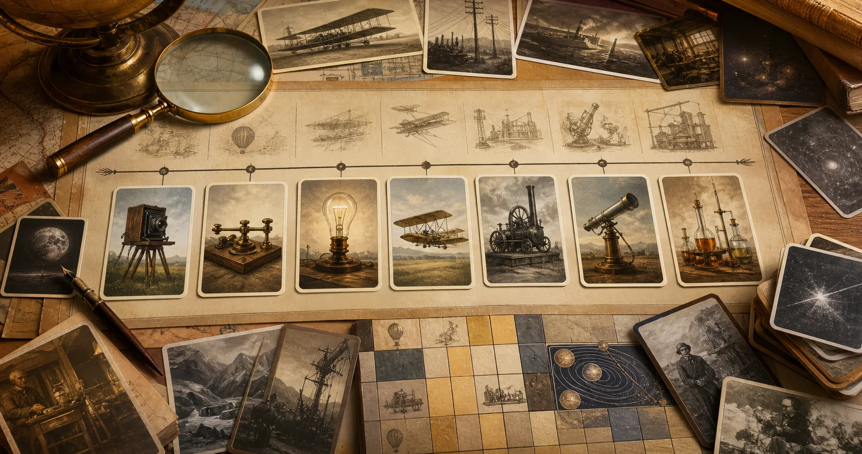 Historic Firsts history puzzle cards arranged on a timeline